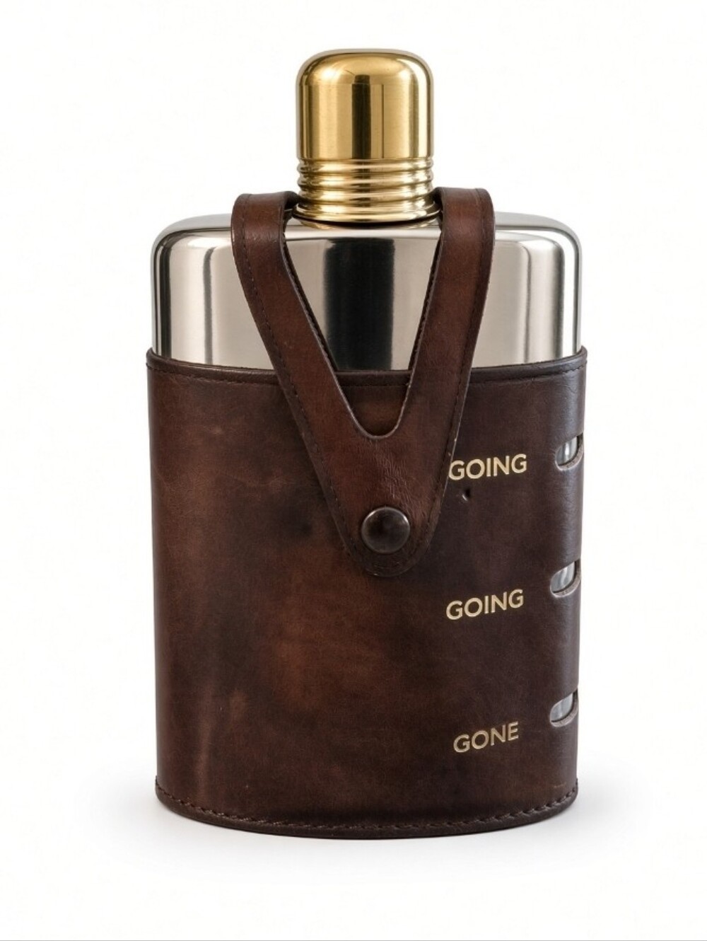 Vintage Vibes Leather Wrapped Hip Flask - Going Going Gone Brass Cap